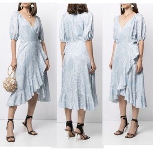 Marchesa Notte Linen Floral Print Short Puff Sleeves High Low Wrap Midi Dress